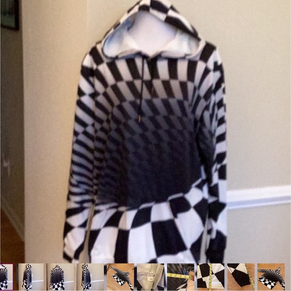 Unisex optical illusion polyester hoodie in black and white. Size XL. - Picture 2 of 11